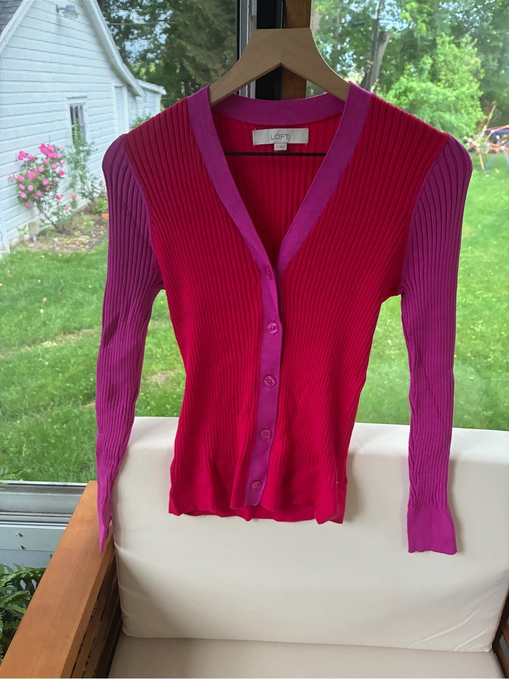 LOFT Two-Tone Magenta & Pink Ribbed Button-Up Cardigan